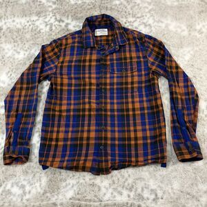 REI Co-op Flannel Shirt Mens Small Orange Blue Plaid Button Up Hiking Outdoors